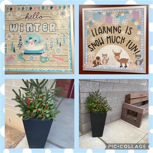 bulletin boards and planters decorated for winter